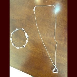 Heart shaped silver necklace and bracelet